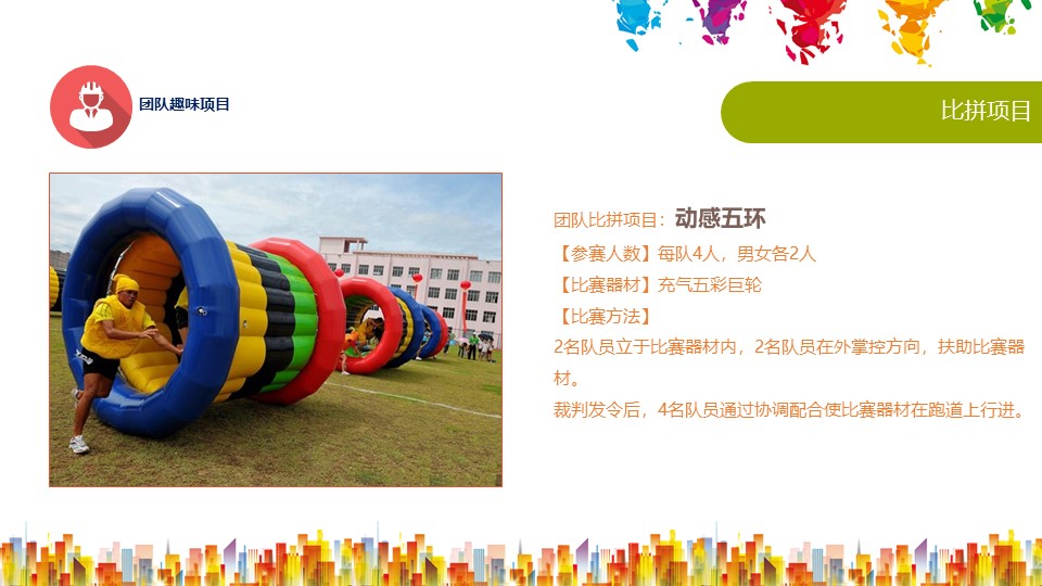 团队比拼项目：动感五环
【参赛人数】每队4人，男女各2人【比赛器材】充气五彩巨轮【比赛方法】
2名队员立于比赛器材内，2名队员在外掌控方向，扶助比赛器材。
裁判发令后，4名队员通过协调配合使比赛器材在跑道上行进。
